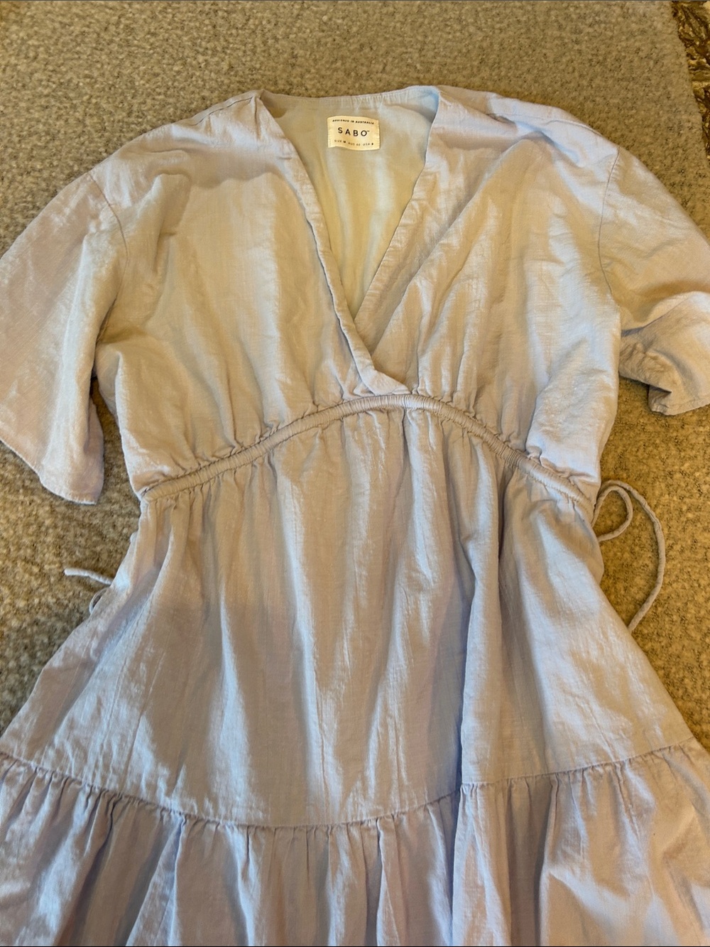 Medium SABO Light Blue Mini Dress with V-Neck and Gathered Waist